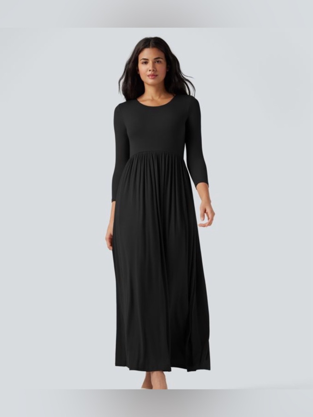 Women’s Ribbed Round Neck Black Maxi Dress - 3/4 Sleeve + Pockets - MEDIUM